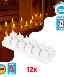 GloboStar® 79565 ΣΕΤ 12 Διακοσμητικών Realistic Κεριών με LED Εφέ Κινούμενης Φλόγας – με Ενσωματωμένη Μπαταρία – Επαναφορτιζόμενα & Βάση Φόρτισης Θερμό Λευκό 2700K