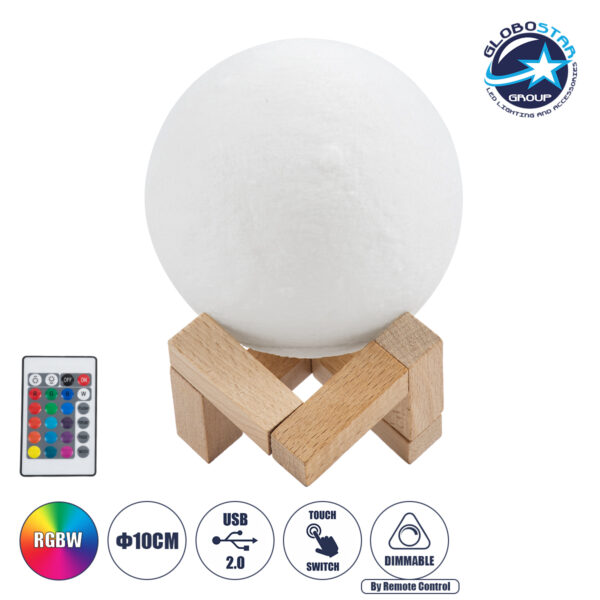 GloboStar® MOON 79618 Μοντέρνο Επιτραπέζιο Φωτιστικό Πορτατίφ LED 2W 120lm 360° DC 5V - Εναλλαγή Φωτισμού μέσω Τηλεχειριστηρίου & Αφής - Dimmable - RGBW - Φ10 x Υ13.5 - Λευκό