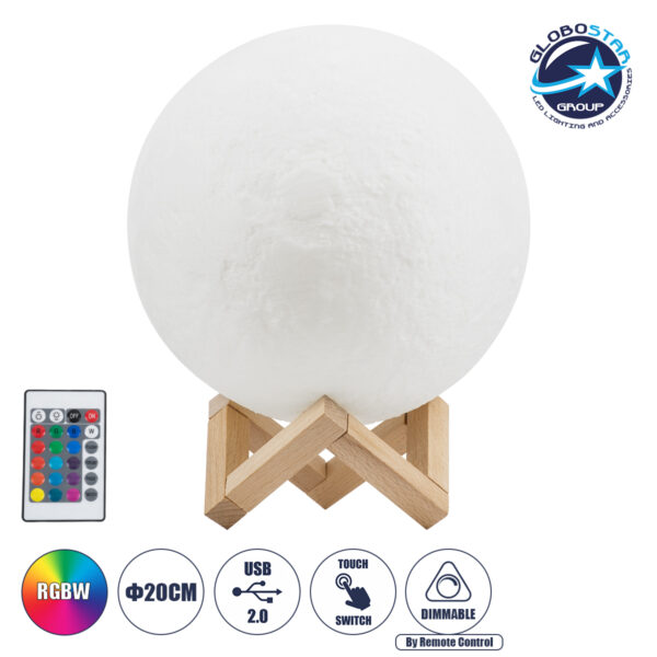 GloboStar® MOON 79620 Μοντέρνο Επιτραπέζιο Φωτιστικό Πορτατίφ LED 6W 360lm 360° DC 5V - Εναλλαγή Φωτισμού μέσω Τηλεχειριστηρίου & Αφής - Dimmable - RGBW - Φ20 x Υ25 - Λευκό