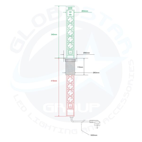GloboStar® 79632 Χωνευτό Πτυσσόμενο Πολύμπριζο με 5 Πρίζες Ασφαλείας EU Σούκο AC 230V Max 5000W & 2 Εξόδους USB DC 5V Max 3A 18W & Ενσωματωμένο Διακόπτη Οn/Off