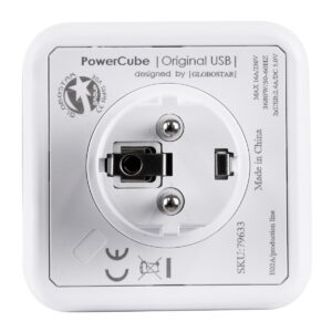 GloboStar® TRAVEL PowerCube PRO Certified 79633 Πολύπριζο 6 Θέσεων με 4 Πρίζες Ασφαλείας Childproof EU Schuko AC 220-240V & 2 Πρίζες USB Max 2.1A/DC 5V Μ7.5 x Π11.5 x Υ7.5 – Λευκό με Γκρι – Max Load 3680W/16A