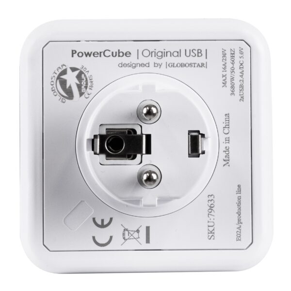 GloboStar® TRAVEL PowerCube PRO Certified 79633 Πολύπριζο 6 Θέσεων με 4 Πρίζες Ασφαλείας Childproof EU Schuko AC 220-240V & 2 Πρίζες USB Max 2.1A/DC 5V Μ7.5 x Π11.5 x Υ7.5 – Λευκό με Γκρι – Max Load 3680W/16A