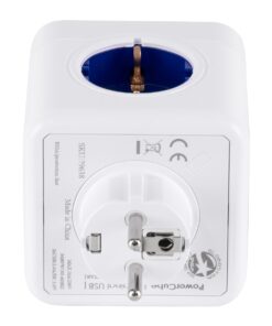 GloboStar® TRAVEL PowerCube PRO Certified 79638 Πολύπριζο 6 Θέσεων με 4 Πρίζες Ασφαλείας Childproof EU Schuko AC 220-240V & 2 Πρίζες USB Max 2.1A/DC 5V Μ7.5 x Π11.5 x Υ7.5 – Λευκό με Μπλε – Max Load 3680W/16A