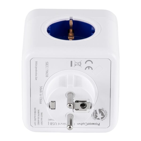 GloboStar® TRAVEL PowerCube PRO Certified 79638 Πολύπριζο 6 Θέσεων με 4 Πρίζες Ασφαλείας Childproof EU Schuko AC 220-240V & 2 Πρίζες USB Max 2.1A/DC 5V Μ7.5 x Π11.5 x Υ7.5 – Λευκό με Μπλε – Max Load 3680W/16A