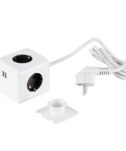 GloboStar® TRAVEL PowerCube PRO Certified 79639 Πολύπριζο 6 Θέσεων με 1.5m Kαλώδιο – 4 Πρίζες Ασφαλείας Childproof EU Schuko AC 220-240V & 2 Πρίζες USB Max 2.1A/DC 5V Μ7.5 x Π7.5 x Υ7.5 – Λευκό με Γκρι – Max Load 3680W/16A
