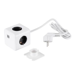 GloboStar® TRAVEL PowerCube PRO Certified 79639 Πολύπριζο 6 Θέσεων με 1.5m Kαλώδιο – 4 Πρίζες Ασφαλείας Childproof EU Schuko AC 220-240V & 2 Πρίζες USB Max 2.1A/DC 5V Μ7.5 x Π7.5 x Υ7.5 – Λευκό με Γκρι – Max Load 3680W/16A