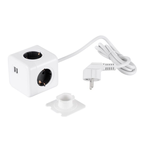 GloboStar® TRAVEL PowerCube PRO Certified 79639 Πολύπριζο 6 Θέσεων με 1.5m Kαλώδιο – 4 Πρίζες Ασφαλείας Childproof EU Schuko AC 220-240V & 2 Πρίζες USB Max 2.1A/DC 5V Μ7.5 x Π7.5 x Υ7.5 – Λευκό με Γκρι – Max Load 3680W/16A
