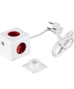 GloboStar® TRAVEL PowerCube PRO Certified 79642 Πολύπριζο 6 Θέσεων με 1.5m Kαλώδιο – 4 Πρίζες Ασφαλείας Childproof EU Schuko AC 220-240V & 2 Πρίζες USB Max 2.1A/DC 5V Μ7.5 x Π7.5 x Υ7.5 – Λευκό με Κόκκινο – Max Load 3680W/16A