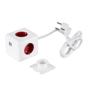 GloboStar® TRAVEL PowerCube PRO Certified 79642 Πολύπριζο 6 Θέσεων με 1.5m Kαλώδιο – 4 Πρίζες Ασφαλείας Childproof EU Schuko AC 220-240V & 2 Πρίζες USB Max 2.1A/DC 5V Μ7.5 x Π7.5 x Υ7.5 – Λευκό με Κόκκινο – Max Load 3680W/16A