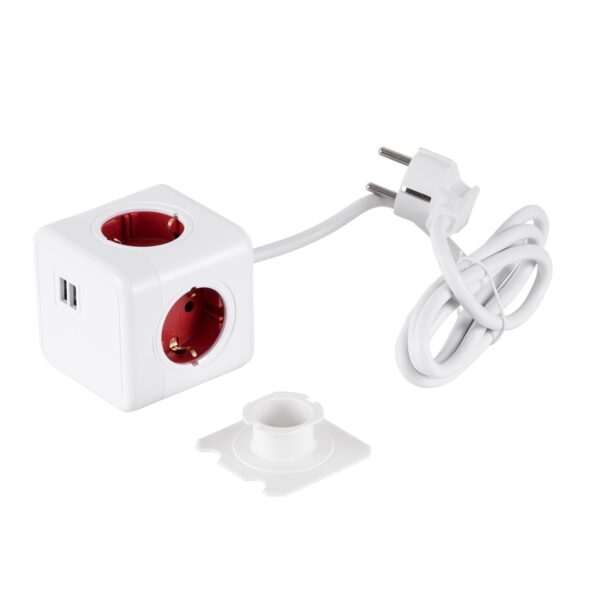 GloboStar® TRAVEL PowerCube PRO Certified 79642 Πολύπριζο 6 Θέσεων με 1.5m Kαλώδιο – 4 Πρίζες Ασφαλείας Childproof EU Schuko AC 220-240V & 2 Πρίζες USB Max 2.1A/DC 5V Μ7.5 x Π7.5 x Υ7.5 – Λευκό με Κόκκινο – Max Load 3680W/16A