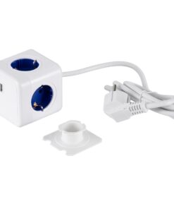 GloboStar® TRAVEL PowerCube PRO Certified 79643 Πολύπριζο 6 Θέσεων με 1.5m Kαλώδιο – 4 Πρίζες Ασφαλείας Childproof EU Schuko AC 220-240V & 2 Πρίζες USB Max 2.1A/DC 5V Μ7.5 x Π7.5 x Υ7.5 – Λευκό με Μπλε – Max Load 3680W/16A
