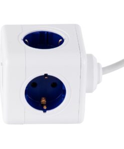 GloboStar® TRAVEL PowerCube PRO Certified 79646 Πολύπριζο 5 Θέσεων με 1.5m Kαλώδιο – 5 Πρίζες Ασφαλείας Childproof EU Schuko AC 220-240V Μ7.5 x Π11.5 x Υ7.5 – Λευκό με Μπλε – Max Load 3680W/16A