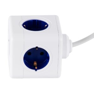GloboStar® TRAVEL PowerCube PRO Certified 79646 Πολύπριζο 5 Θέσεων με 1.5m Kαλώδιο – 5 Πρίζες Ασφαλείας Childproof EU Schuko AC 220-240V Μ7.5 x Π11.5 x Υ7.5 – Λευκό με Μπλε – Max Load 3680W/16A