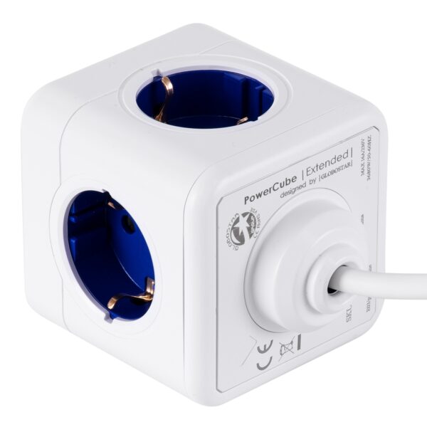 GloboStar® TRAVEL PowerCube PRO Certified 79646 Πολύπριζο 5 Θέσεων με 1.5m Kαλώδιο – 5 Πρίζες Ασφαλείας Childproof EU Schuko AC 220-240V Μ7.5 x Π11.5 x Υ7.5 – Λευκό με Μπλε – Max Load 3680W/16A