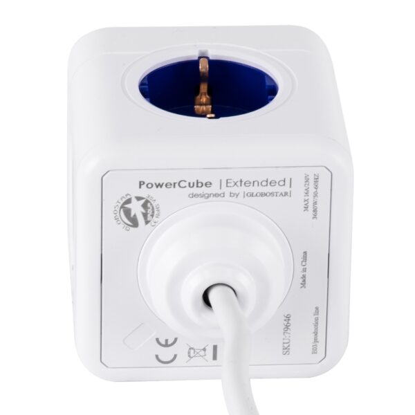 GloboStar® TRAVEL PowerCube PRO Certified 79646 Πολύπριζο 5 Θέσεων με 1.5m Kαλώδιο – 5 Πρίζες Ασφαλείας Childproof EU Schuko AC 220-240V Μ7.5 x Π11.5 x Υ7.5 – Λευκό με Μπλε – Max Load 3680W/16A