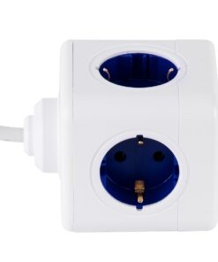 GloboStar® TRAVEL PowerCube PRO Certified 79646 Πολύπριζο 5 Θέσεων με 1.5m Kαλώδιο – 5 Πρίζες Ασφαλείας Childproof EU Schuko AC 220-240V Μ7.5 x Π11.5 x Υ7.5 – Λευκό με Μπλε – Max Load 3680W/16A