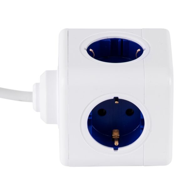 GloboStar® TRAVEL PowerCube PRO Certified 79646 Πολύπριζο 5 Θέσεων με 1.5m Kαλώδιο – 5 Πρίζες Ασφαλείας Childproof EU Schuko AC 220-240V Μ7.5 x Π11.5 x Υ7.5 – Λευκό με Μπλε – Max Load 3680W/16A