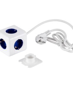 GloboStar® TRAVEL PowerCube PRO Certified 79646 Πολύπριζο 5 Θέσεων με 1.5m Kαλώδιο – 5 Πρίζες Ασφαλείας Childproof EU Schuko AC 220-240V Μ7.5 x Π11.5 x Υ7.5 – Λευκό με Μπλε – Max Load 3680W/16A