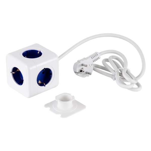 GloboStar® TRAVEL PowerCube PRO Certified 79646 Πολύπριζο 5 Θέσεων με 1.5m Kαλώδιο – 5 Πρίζες Ασφαλείας Childproof EU Schuko AC 220-240V Μ7.5 x Π11.5 x Υ7.5 – Λευκό με Μπλε – Max Load 3680W/16A