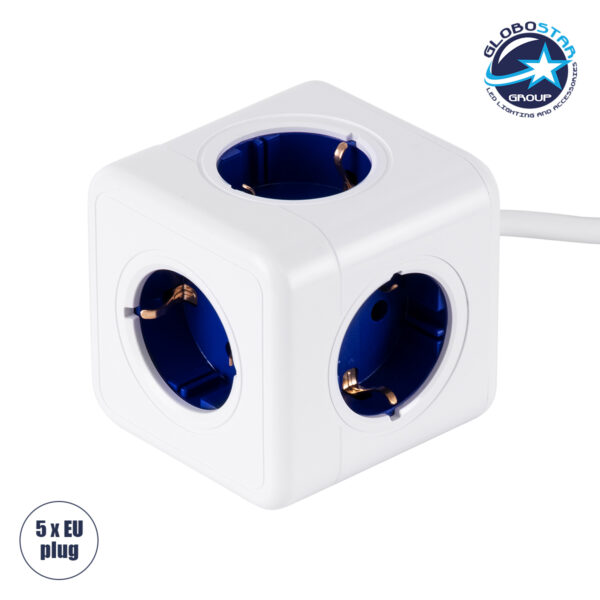 GloboStar® TRAVEL PowerCube PRO Certified 79646 Πολύπριζο 5 Θέσεων με 1.5m Kαλώδιο - 5 Πρίζες Ασφαλείας Childproof EU Schuko AC 220-240V Μ7.5 x Π11.5 x Υ7.5 - Λευκό με Μπλε - Max Load 3680W/16A