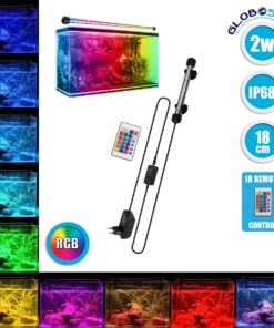 GloboStar® 79670 Φωτιστικό Ενυδρείου 18cm LED 2W 180° AC 230V Αδιάβροχο IP68 με Ασύρματο Χειριστήριο IR Πολύχρωμο RGB