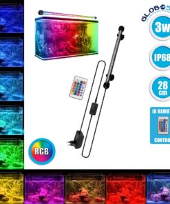 GloboStar® 79671 Φωτιστικό Ενυδρείου 28cm LED 3W 180° AC 230V Αδιάβροχο IP68 με Ασύρματο Χειριστήριο IR Πολύχρωμο RGB