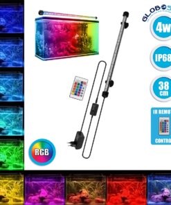 GloboStar® 79672 Φωτιστικό Ενυδρείου 38cm LED 4W 180° AC 230V Αδιάβροχο IP68 με Ασύρματο Χειριστήριο IR Πολύχρωμο RGB