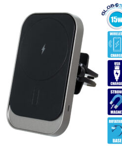 GloboStar® 79695 Μαγνητική Βάση Κινητού Αυτοκινήτου Max 15W USB σε USB Type-C με Κλιπ στον Αεραγωγό – Ασύρματη Φόρτιση MagSafe QuickCharge 3.0