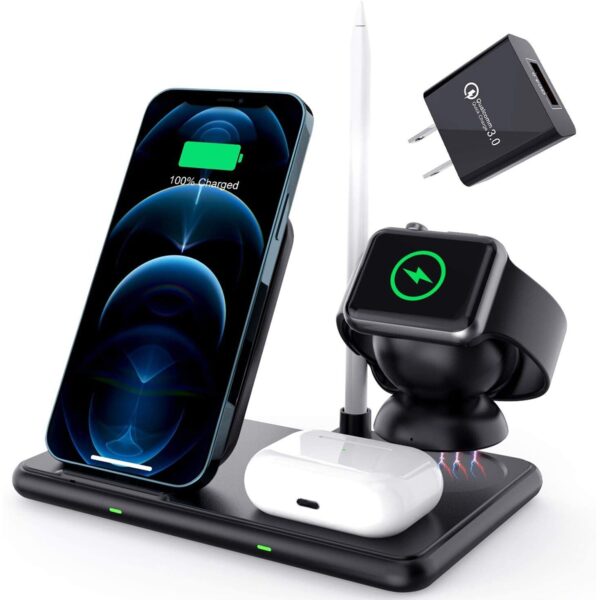 GloboStar® 79699 Επιτραπέζια Σταθερή Βάση Ασύρματης Φόρτισης Fast Charging για Κινητά – Earphones – Smart Watches – Pencil 4 Καναλιών – 1 Channel 15W Max (Phone) – 2 Channel 3W (Airpod) – 3 Channel 2W (Watch) – 4 Channel 2W (Pencil)