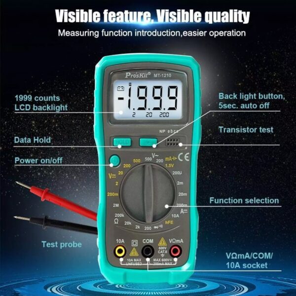 GloboStar® 79982 Ψηφιακό Πολύμετρο Proskit MT-1210 με Θήκη Προστασίας – Οθόνη 3 ½ – Buzzer και Βοηθητικό Φωτισμό
