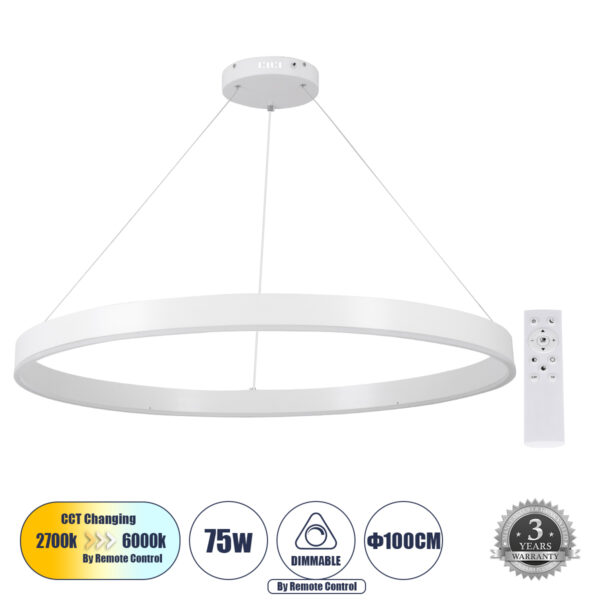 GloboStar® VENOM 61183 Κρεμαστό Φωτιστικό Δαχτυλίδι-Κύκλος LED CCT 75W 8818lm 120° AC 220-240V – Εναλλαγή Φωτισμού μέσω Τηλεχειριστηρίου All In One Ψυχρό 6000K+Φυσικό 4500K+Θερμό 2700K Dimmable Φ100cm – Λευκό – 3 Years Warranty