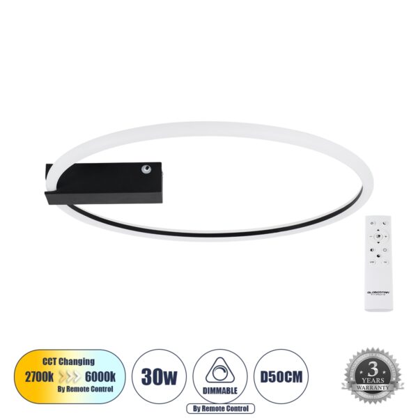 GloboStar® CINDERELLA 60980 Φωτιστικό Οροφής Δαχτυλίδι-Κύκλος LED CCT 30W 3360lm 360° AC 220-240V – Εναλλαγή Φωτισμού μέσω Τηλεχειριστηρίου All In One Ψυχρό 6000k+Φυσικό 4500k+Θερμό 2700k Dimmable Φ50cm – Μαύρο – 3 Years Warranty