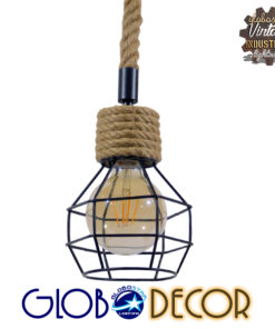 GloboStar® HELLET 01182 Vintage Industrial Κρεμαστό Φωτιστικό Οροφής Μονόφωτο 1 x E27 Μαύρο Μεταλλικό Πλέγμα με Μπεζ Σχοινί Φ16 x Y25cm