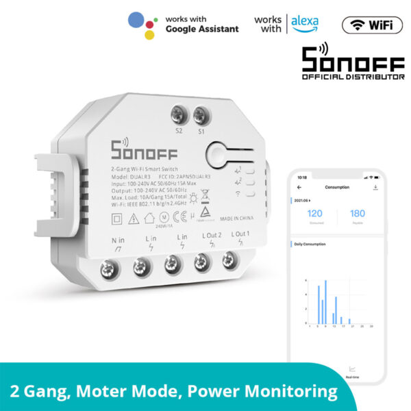 GloboStar® 80006 SONOFF DUALR3 - Wi-Fi Smart Switch Two Way Dual Relay & Power Measuring - 2 Output Channel