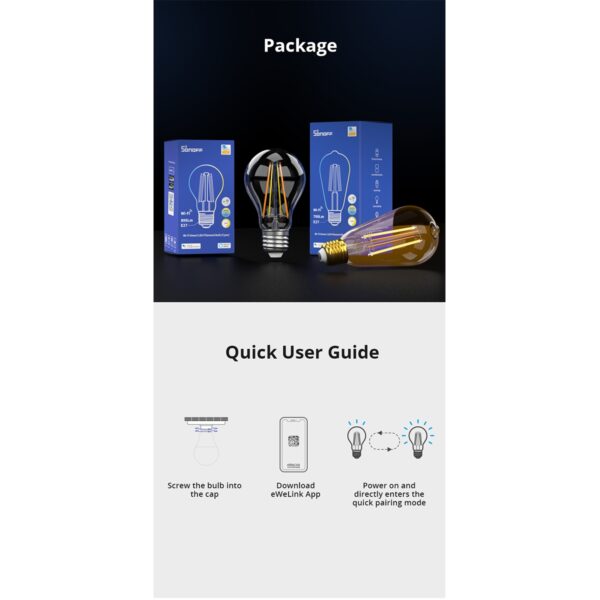 GloboStar® 80027 SONOFF B02-F-A60-R2 – Wi-Fi Smart LED Filament Bulb E27 A60 7W 806lm AC 220-240V CCT Change from 2200K to 6500K Dimmable