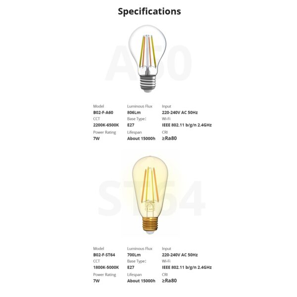 GloboStar® 80027 SONOFF B02-F-A60-R2 – Wi-Fi Smart LED Filament Bulb E27 A60 7W 806lm AC 220-240V CCT Change from 2200K to 6500K Dimmable