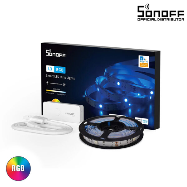 GloboStar® 80098 SONOFF L3-5M RGB Smart LED Strip Light WiFi 2.4GHz 90 SMD/M 5050 5m Roll & Power Adapter DC 5V Max 10W