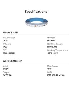 GloboStar® 80098 SONOFF L3-5M RGB Smart LED Strip Light WiFi 2.4GHz 90 SMD/M 5050 5m Roll & Power Adapter DC 5V Max 10W