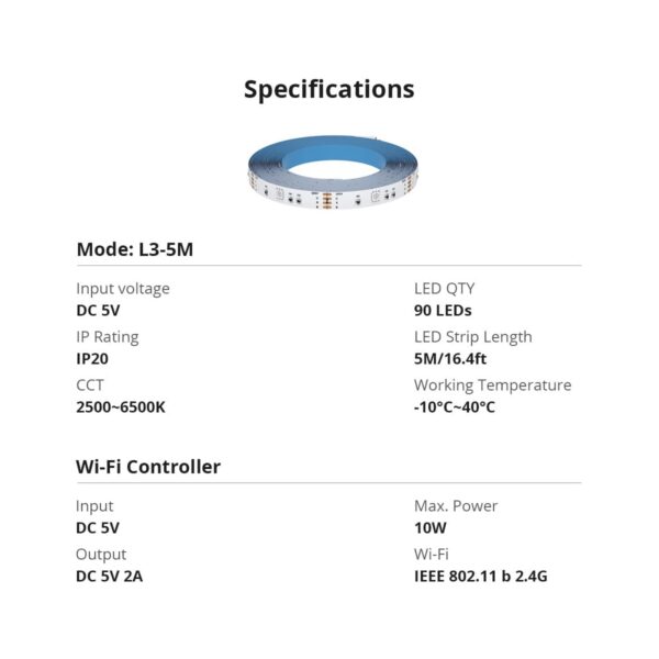GloboStar® 80098 SONOFF L3-5M RGB Smart LED Strip Light WiFi 2.4GHz 90 SMD/M 5050 5m Roll & Power Adapter DC 5V Max 10W