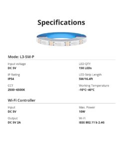 GloboStar® 80099 SONOFF L3-5M-PRO RGBIC Digital IC RGB Smart LED Strip Light WiFi 2.4GHz 90 SMD/M 5050 5m Roll & Power Adapter DC 5V Max 10W