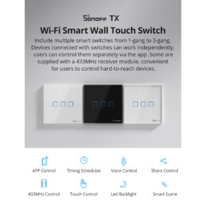GloboStar® 80130  SONOFF T2EU1C-RF – 433MHz Wireless Smart Wall Touch Button Switch AC 100-240V Max 2A (2A/Way) 1 Way – RF Series