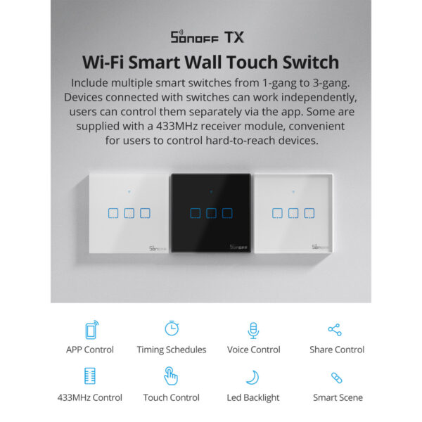 GloboStar® 80130  SONOFF T2EU1C-RF – 433MHz Wireless Smart Wall Touch Button Switch AC 100-240V Max 2A (2A/Way) 1 Way – RF Series