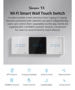 GloboStar® 80131 SONOFF T2EU2C-RF – 433MHz Wireless Smart Wall Touch Button Switch AC 100-240V Max 4A (2A/Way) 2 Way – RF Series