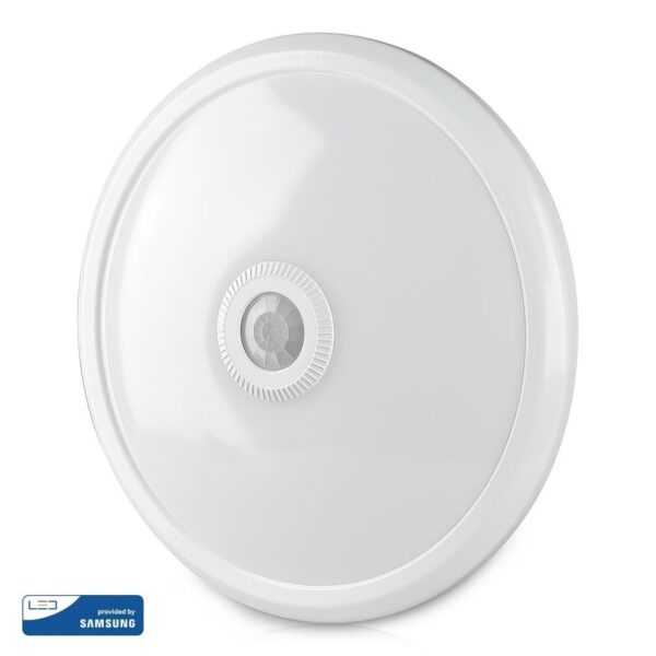 LED Πλαφονιέρα Λευκή με Ανιχνευτή Κίνησης 12W V-TAC PRO Samsung Chip 120° 800lm Φ290 Θερμό Λευκό 3000K – 807
