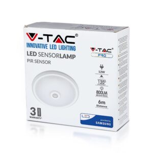 LED Πλαφονιέρα Λευκή με Ανιχνευτή Κίνησης 12W V-TAC PRO Samsung Chip 120° 800lm Φ290 Θερμό Λευκό 3000K – 807