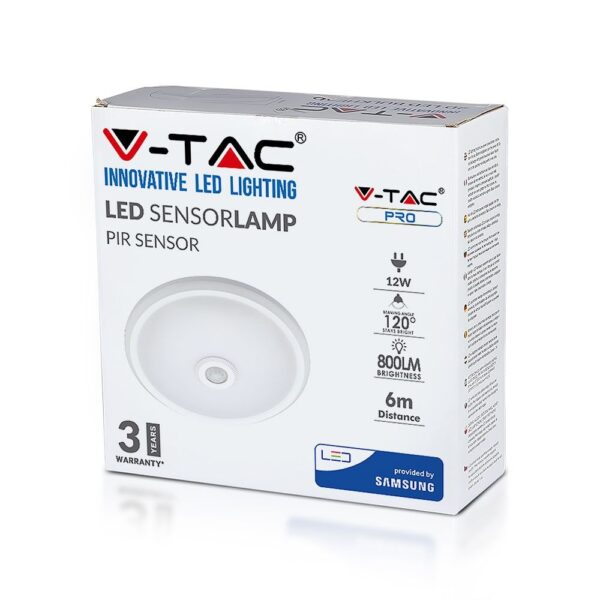 LED Πλαφονιέρα Λευκή με Ανιχνευτή Κίνησης 12W V-TAC PRO Samsung Chip 120° 800lm Φ290 Θερμό Λευκό 3000K – 807