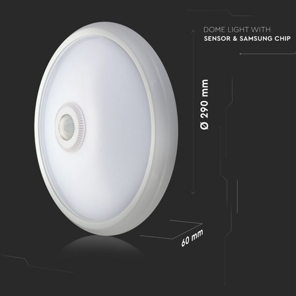 LED Πλαφονιέρα Λευκή με Ανιχνευτή Κίνησης 12W V-TAC PRO Samsung Chip 120° 800lm Φ290 Θερμό Λευκό 3000K – 807