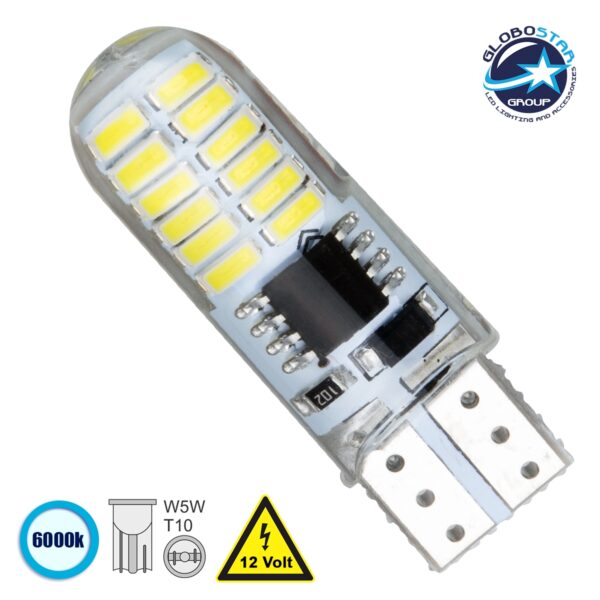 GloboStar® 81058 Λάμπα Αυτοκινήτου STROBE T10 W5W LED 24 SMD 3014 3W 450lm 360° DC 12V IP20 Ψυχρό Λευκό 6000K