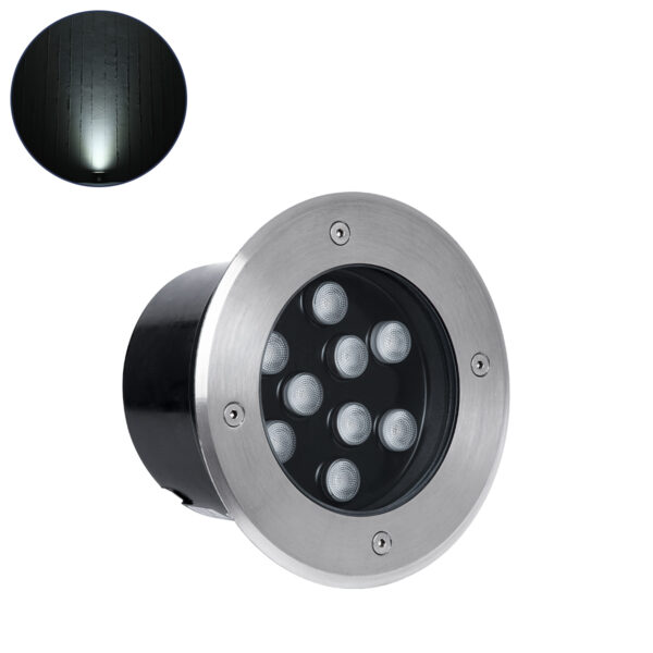 GloboStar® UNDERGROUND-TINA 90665 Χωνευτό Φωτιστικό Σποτ Δαπέδου LED 9W 1035lm 30° DC 24V Αδιάβροχο IP65 Φ16 x Υ9cm Φυσικό Λευκό 4500K - Ανοξείδωτο Ατσάλι - 3 Years Warranty