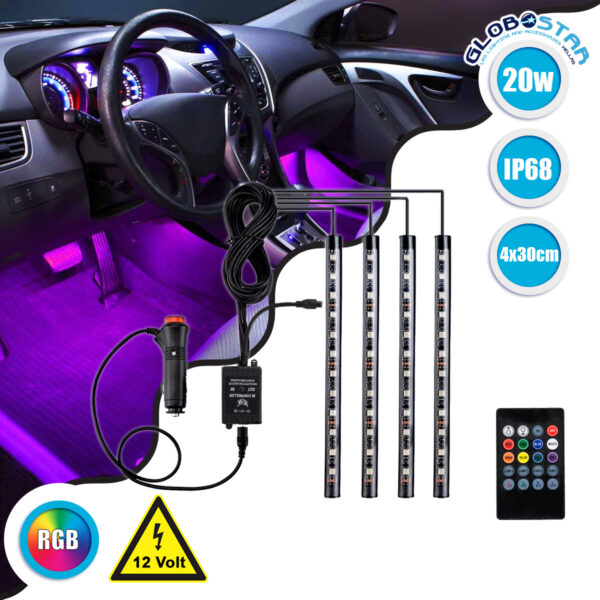 GloboStar® 81842 Car Underglow LED Tube Kit Smart Bluetooth - Κρυφός Φωτισμός Αυτοκινήτου DC 12V 20W με Χειριστήριο Αδιάβροχο IP68 Πολύχρωμο RGB